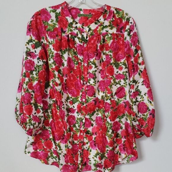 Velvet Top Womens Med Artsy Silk Floral Button-Up Blouse - Picture 1 of 6